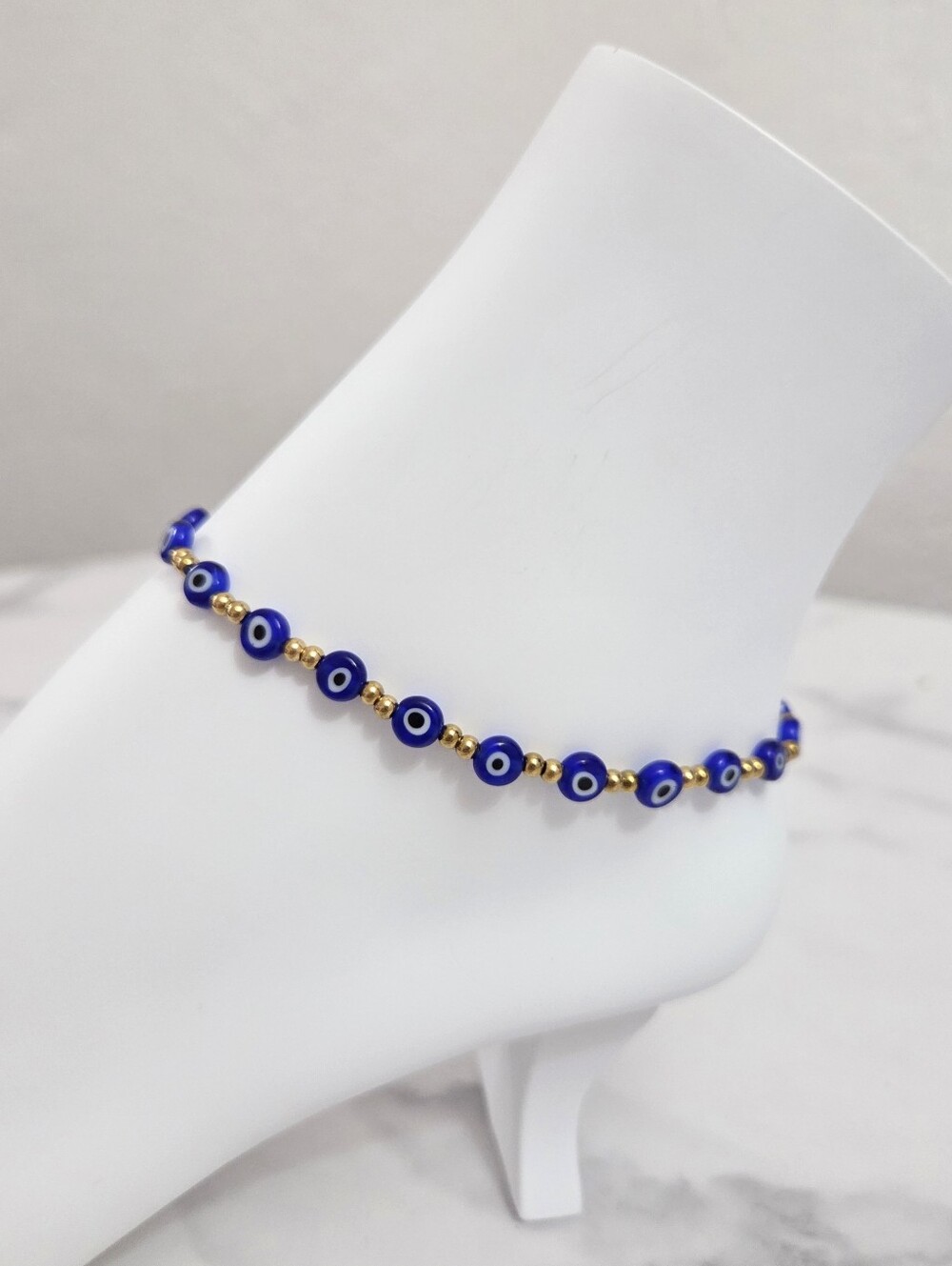 Unisex Cobalt Blue Evil Eye Anklet Gold Tone Stainless Steel Boho Beach Jewelry